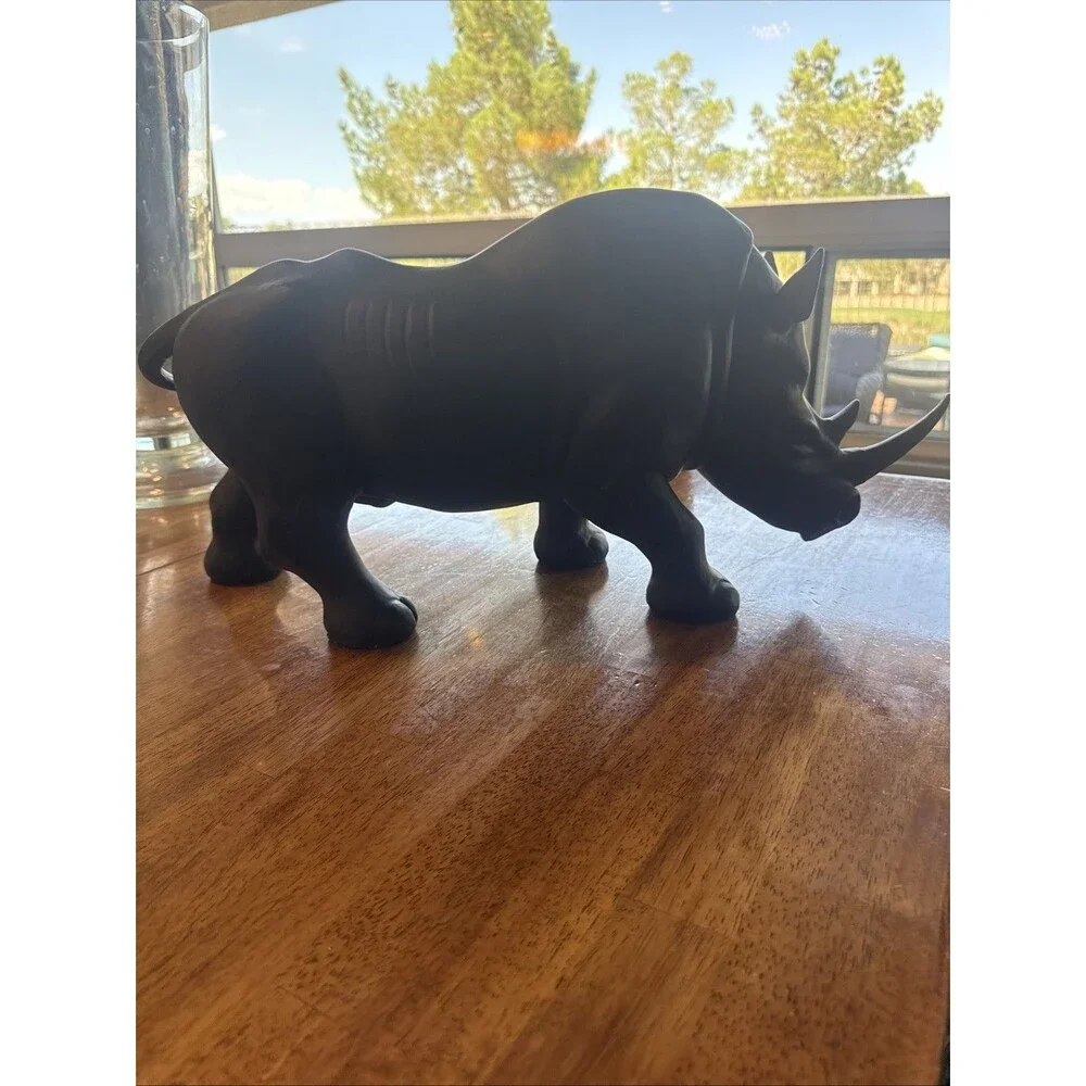 Large Black Rhinoceros Statue Figurine Distressed Safari Animal Home Décor